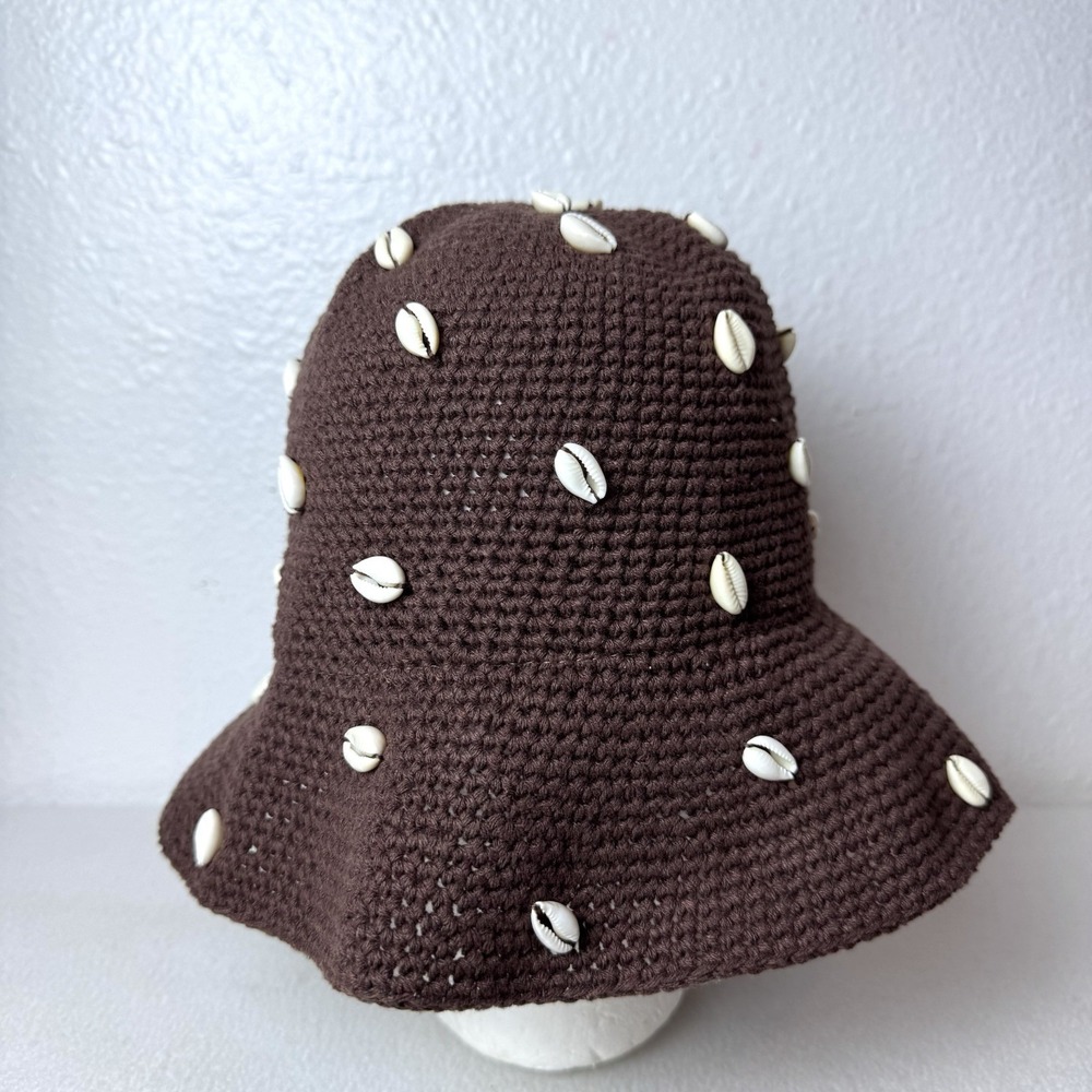 Free People Wyeth Seashell Cove Bucket Hat Chocolate Brown Cotton Cowrie Shells